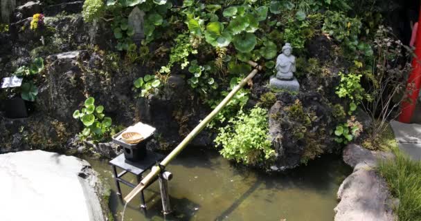 Japanse fontein en stenen standbeeld — Stockvideo
