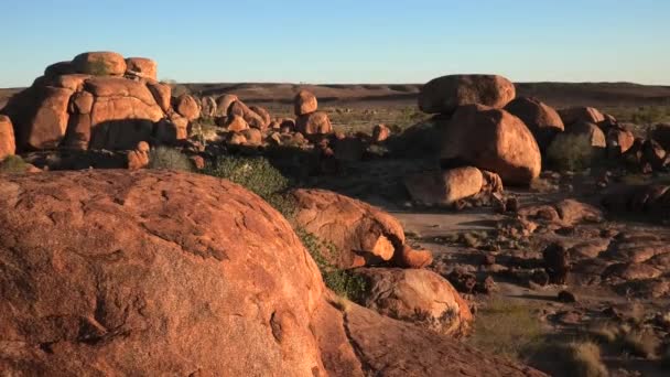 Aerial Devils Marbles sunset — Stock Video