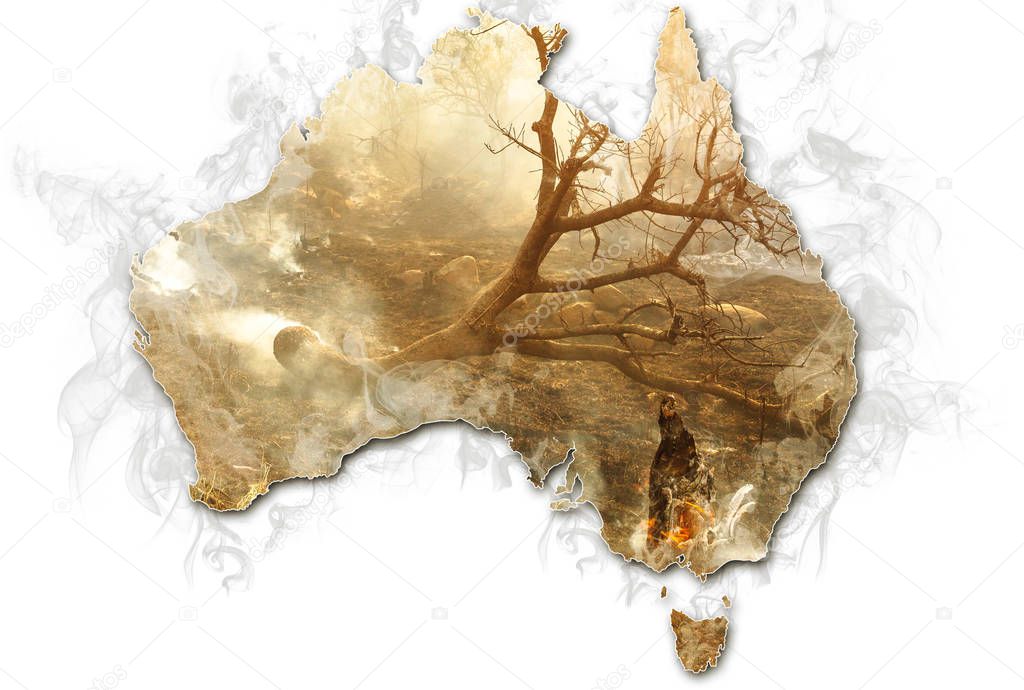 Australian map on fire and smoking