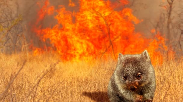 Австралийская вомбатская дикая природа в огненном кинотеатре — стоковое видео