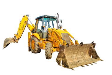 Tekerlekler üzerindeki buldozer beyaz üzerinde izole