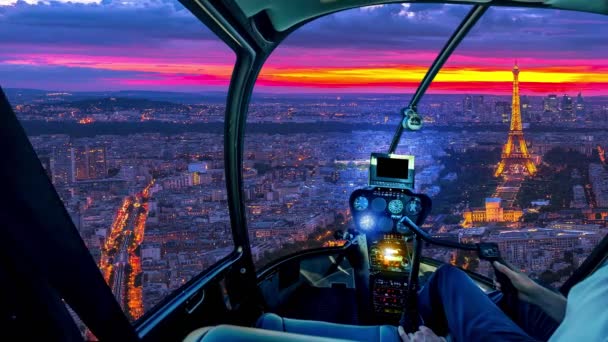 Вертоліт на заході сонця в Парижі. — стокове відео