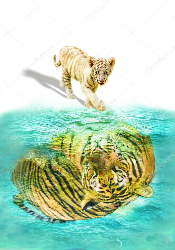Small tiger cub reflected