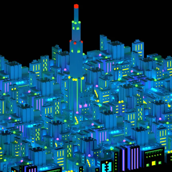 Neon miasto panorama na czarnym tle — Zdjęcie stockowe