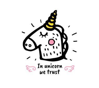 Tek boynuzlu at biz güven içinde. Vektör karikatür kroki çizim