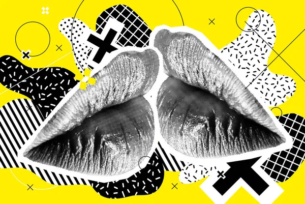 Kissing Halftone Woman Lips On Bright Background — ストックベクタ