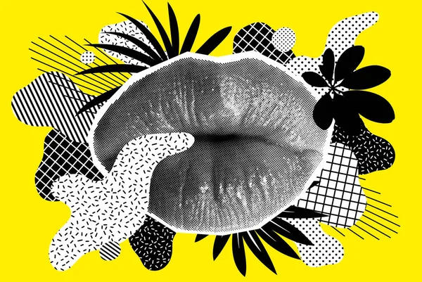 Halftone femme lèvres sur fond lumineux avec des formes — Image vectorielle