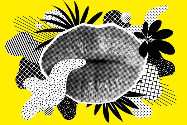 Halftone nainen huulet kirkkaalla taustalla muotoja — vektorikuva