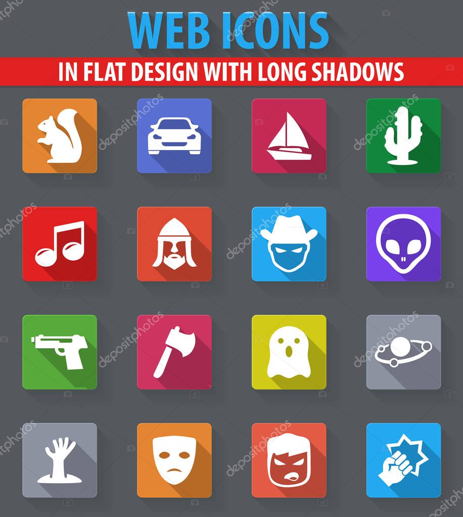 Set of movie genres web icons in flat design with long shadows