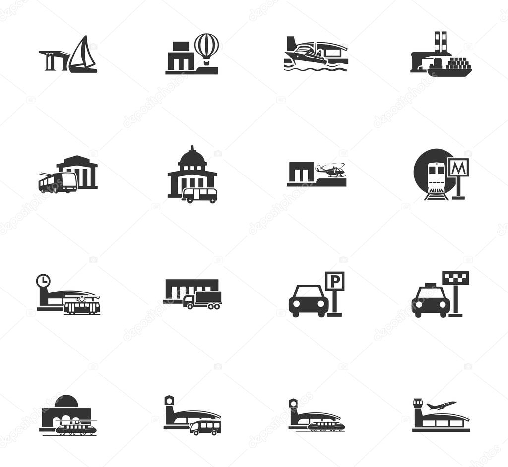 Stations of public transport icons set