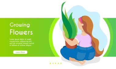 Çiçek yetiştirmenin vektör illüstrasyonu. Çizgi film vektör çizimi. Kadın karakter.