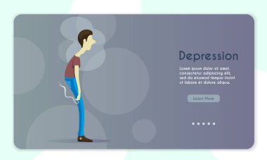Depresyondaki genç adamın temsilci pankartı. Üzgün adam bir sigara içiyor. Erkek karakter.