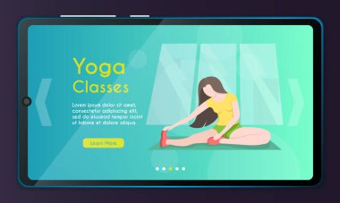 Yoga derslerinin vektör illüstrasyonu. Çizgi film vektör çizimi. Kadın karakter.