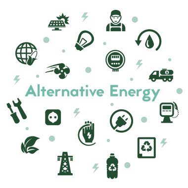 Alternatif enerji kaynakları simgeleri beyaz arkaplana ayarlandı. Kamp, yürüyüş ve yüzme vektörü piktogramları.