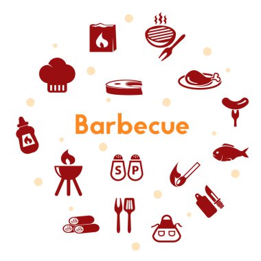 Beyaz arkaplanda barbekü simgesi ayarlandı. Açık hava eğlencesi ve pişirme vektörü piktogramları.