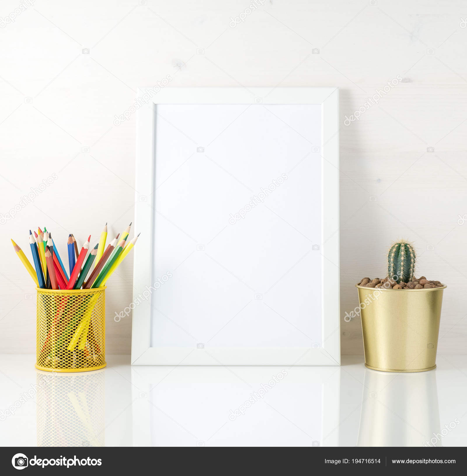 Download Mockup with clean white frame, colored pencils and succulent on white background. Concept for ...