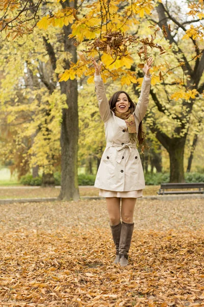 Güzel ve genç birbayan yaprakları bir parkta atma