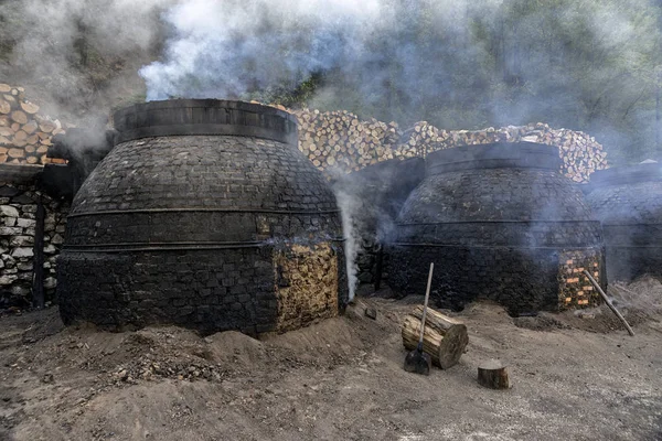 Die Produktion von Holzkohle auf traditionelle Weise im Wald — Stockfoto
