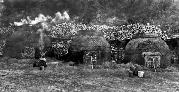 La production de charbon de bois de manière traditionnelle dans la forêt — Photo