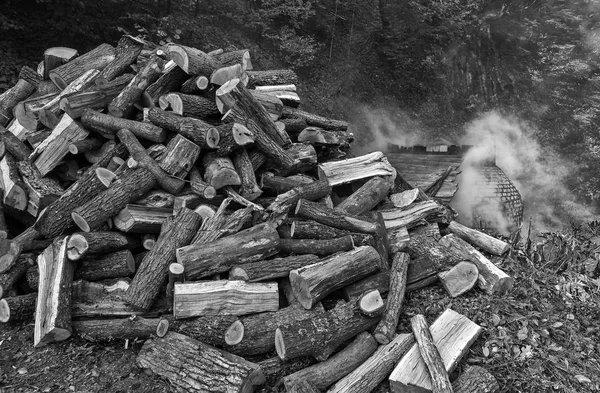 The production of charcoal in a traditional manner in the forest