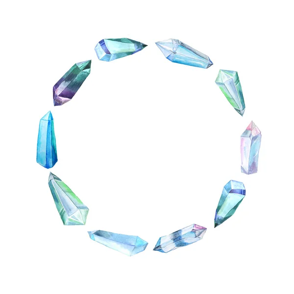 Round frame with watercolor crystals — Stock Photo, Image