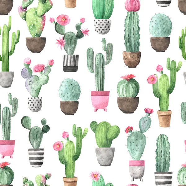 Seamless pattern with watercolor flowering cactus — 스톡 사진