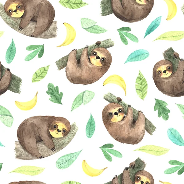 Seamless pattern with watercolor cute sloth