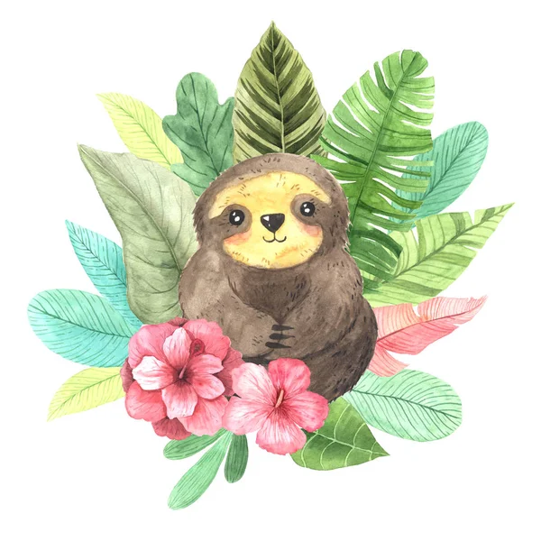 Watercolor hand painted cute sloths