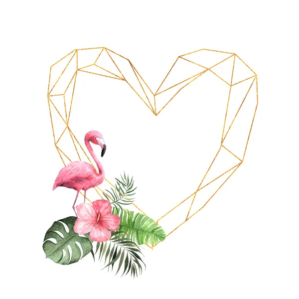 Akvarel tropický geometrický rám s růžovým květem — Stock fotografie