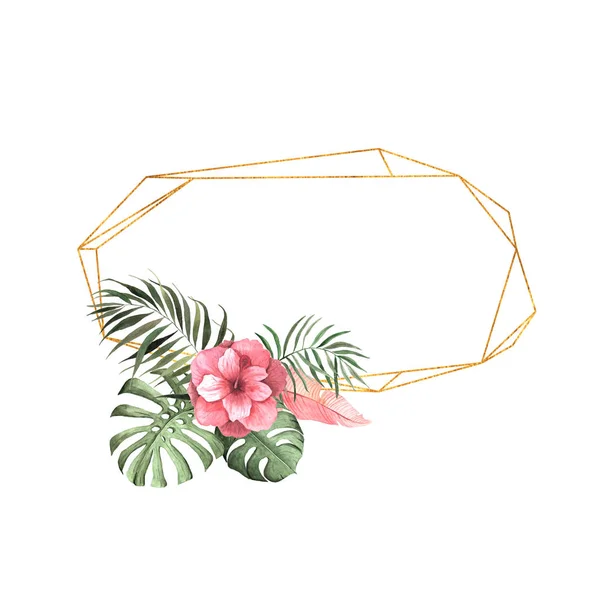 Akvarell trópusi geometriai keret rózsaszín virággal — Stock Fotó