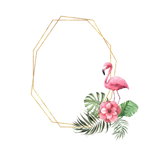 Akwarela tropikalna geometryczna ramka z różowym kwiatem — Zdjęcie stockowe