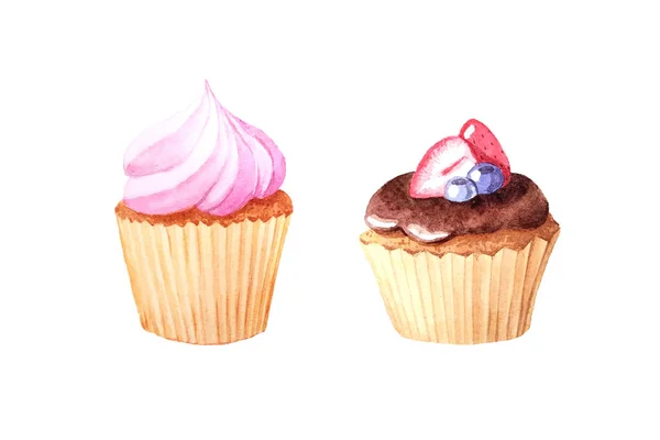 Watercolor hand painted sweet and tasty cupcake — Stock Photo, Image