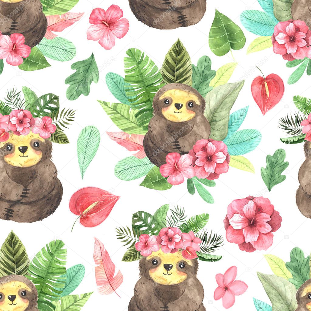 Seamless pattern with watercolor cute sloth 