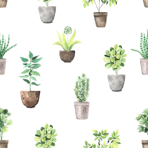 Zökkenőmentes minta akvarell ház zöld növények — Stock Fotó