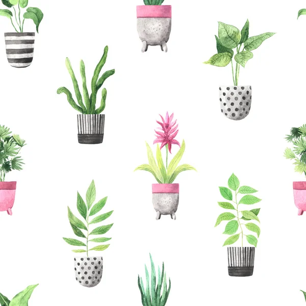 Seamless pattern with watercolor house green plants — 스톡 사진