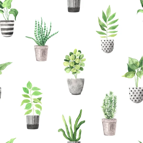 Seamless pattern with watercolor house green plants — 스톡 사진