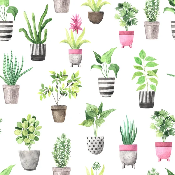 Seamless pattern with watercolor house green plants — 스톡 사진