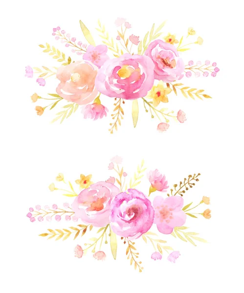 一套手绘粉红水彩花 — 图库照片