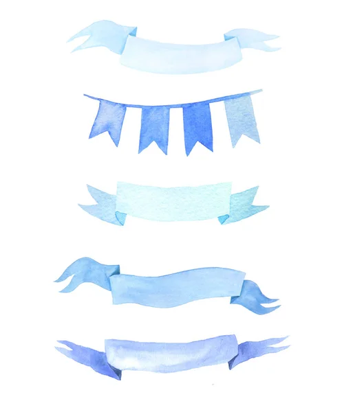 Набір акварельних ручних пофарбованих синіх стрічок — стокове фото
