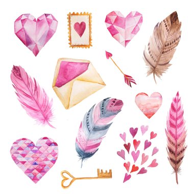 Suluboya elle boyanmış kalpler, zarf, tüy