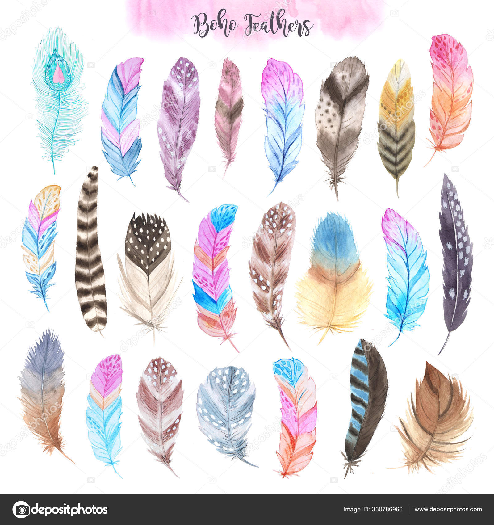Set of watercolor blue feathers. Boho style. Hand-drawn ornament
