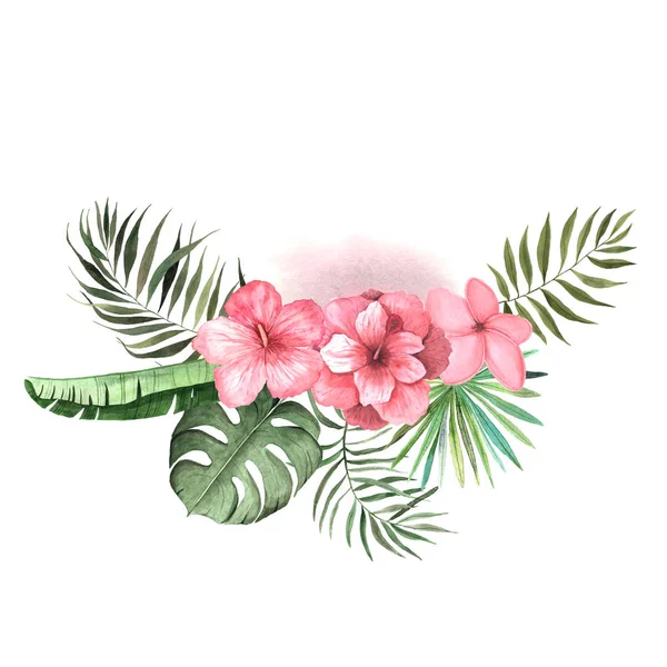 Akvarel tropické květiny, listí a rostliny — Stock fotografie