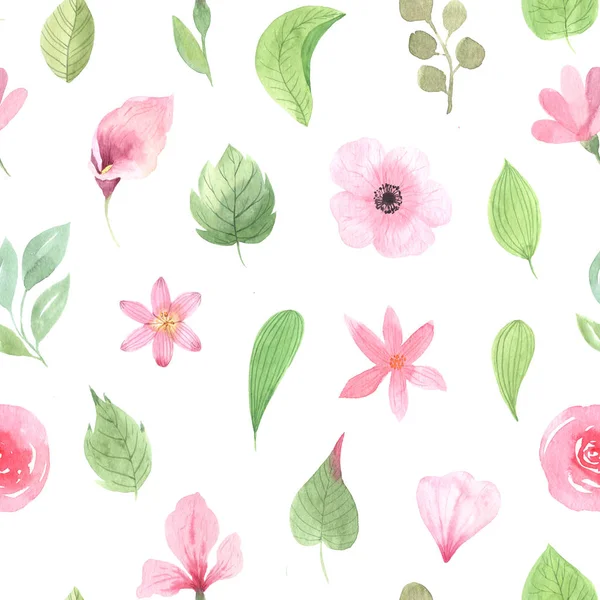 Nahtloses Muster mit rosa Blüten und Blättern — Stockfoto