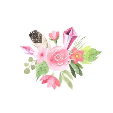 Çiçekli suluboya çiçek buketi, yapraklı