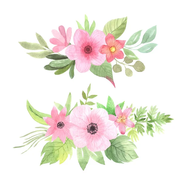 Watercolor floral bouquet with flowers, leaves