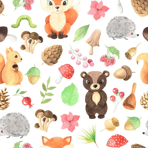 Watercolor seamless pattern with cute animals — Stockfoto