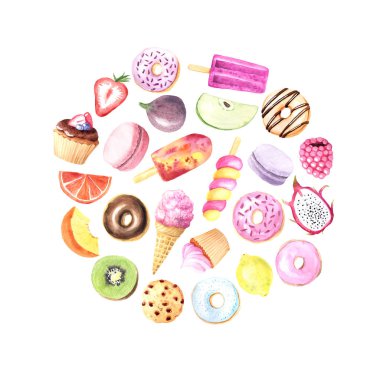 Elle boyanmış suluboya yaz meyveleri