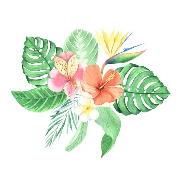 Watercolor hand painted tropical flowers — Stock Photo, Image