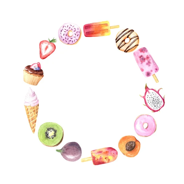 Round frame with watercolor summer fruits — 스톡 사진