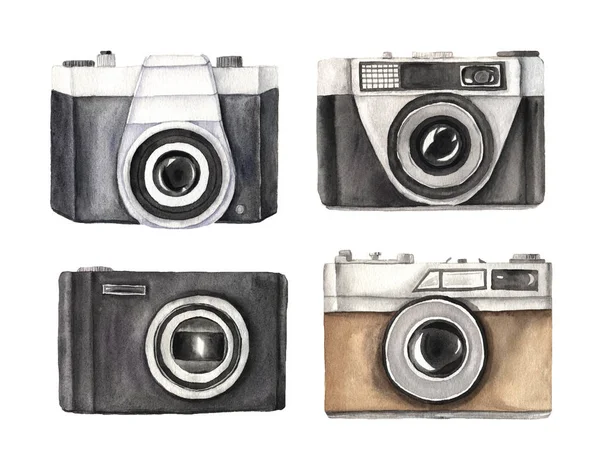 Watercolor vintage photo cameras set — Stock Photo, Image